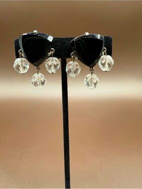 Schiaparelli Rare signed Black Lucite Crystal Clip-On Earrings